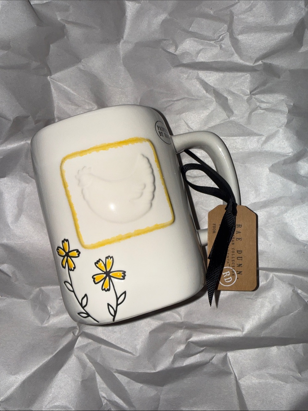 Rae Dunn White Ceramic Mug with Yellow Floral Design NEW Double Sided Farm Girl